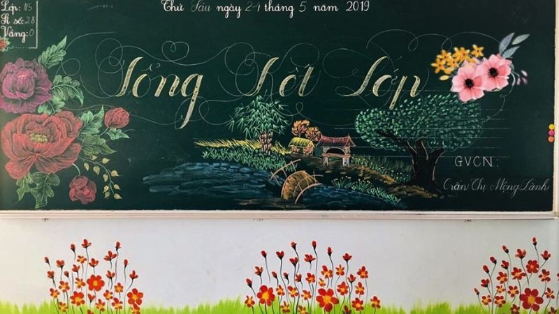 Trang trí bảng phấn cảnh làng quê