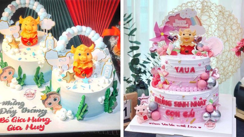 Bánh sinh nhật con trâu 2 tầng xinh xắn