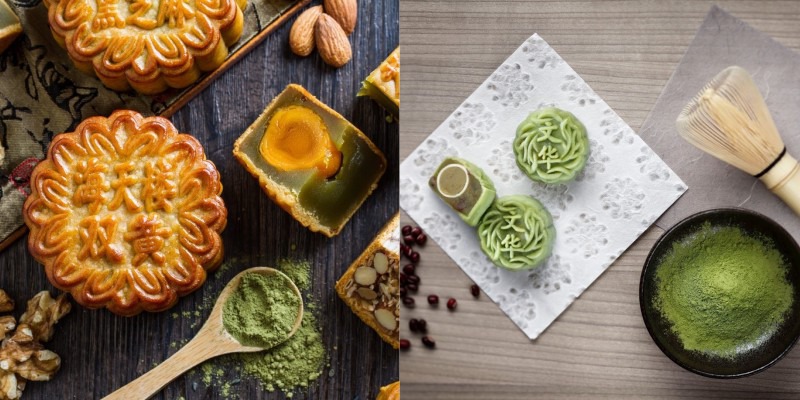 Bánh trung thu trà xanh được kết hợp từ trứng muối, hạnh nhân hoặc óc chó và bột matcha