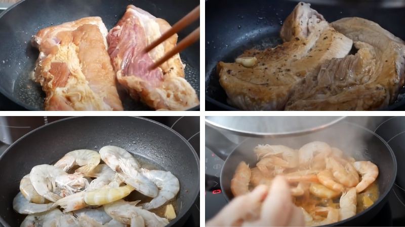 Nấu thịt và tôm