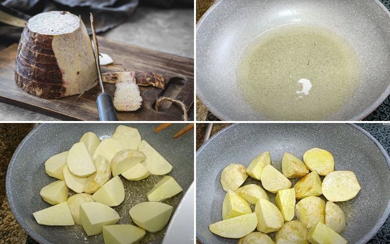 Sơ chế và chiên khoai môn