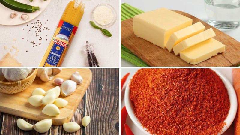 Nguyên liệu làm món mỳ Ý sốt bơ tỏi cay