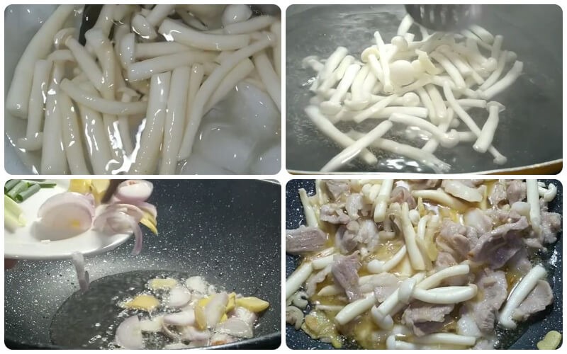 Luộc sơ nấm bạch tuyết và bắt đầu xào