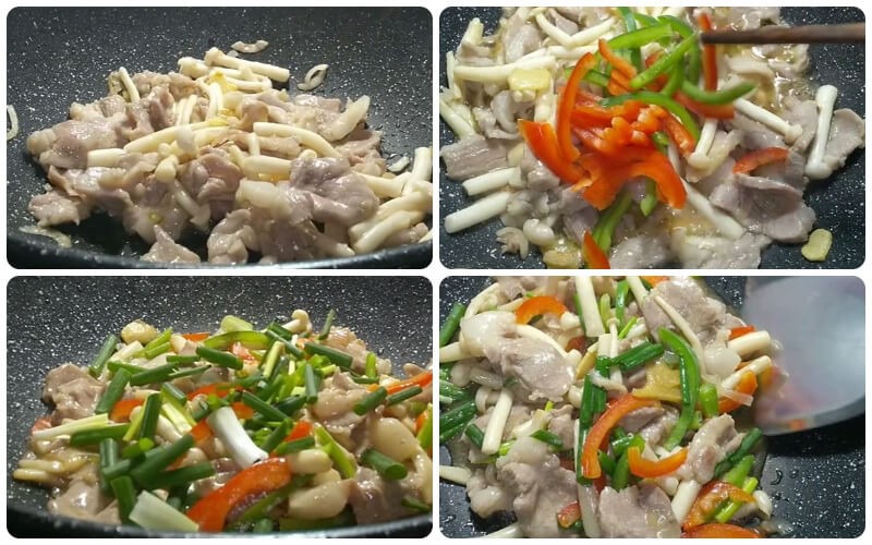 Xào đến khi thịt heo săn lại thì cho lần lượt ớt chuông xanh, ớt chuông đỏ,...