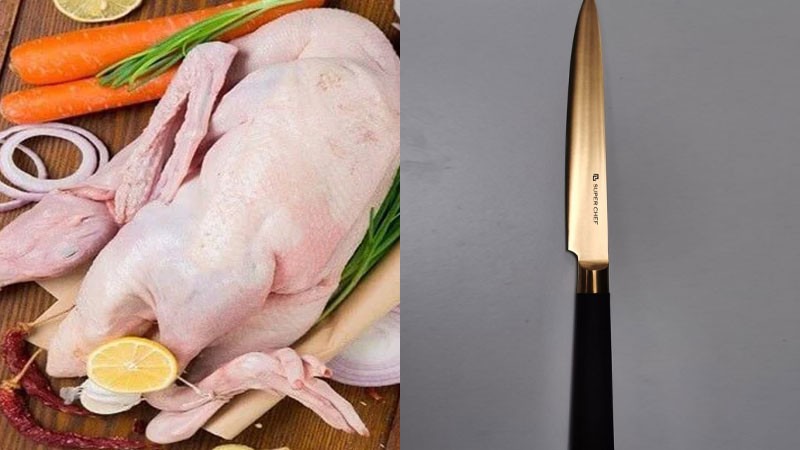  Chuẩn bị thịt vịt nguyên con và một chiếc dao sắc