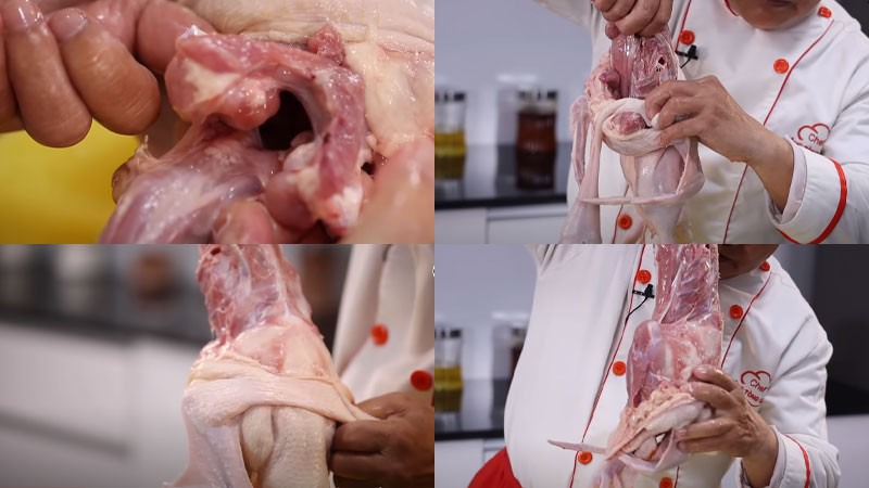 Kéo nhẹ nhàng phần da xuống để tách ra khỏi xương vịt