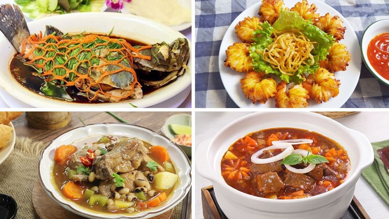 Cá mú hấp xì dầu, tôm cuộn khoai tây chiên, sườn nấu đậu, bò sốt vang