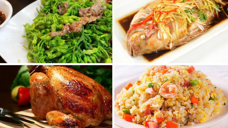 Bò né hoa thiên lý, cá hấp diêu hồng Hong Kong, Gà quay mật ong, Cơm chiên hải sản