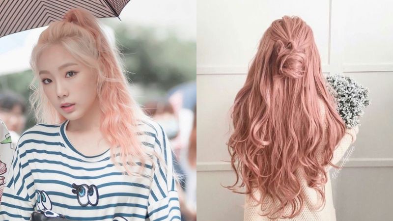 Tóc sóng nhỏ buộc nửa đầu nhuộm hồng pastel