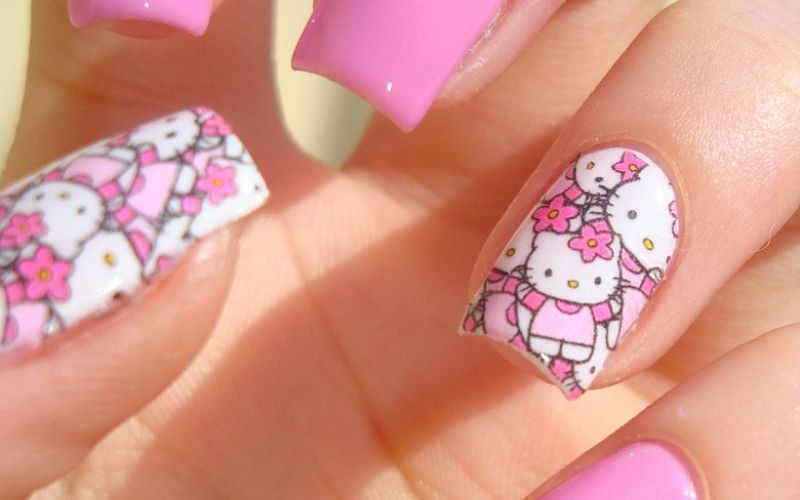Mẫu nail hồng mèo kitty đáng yêu