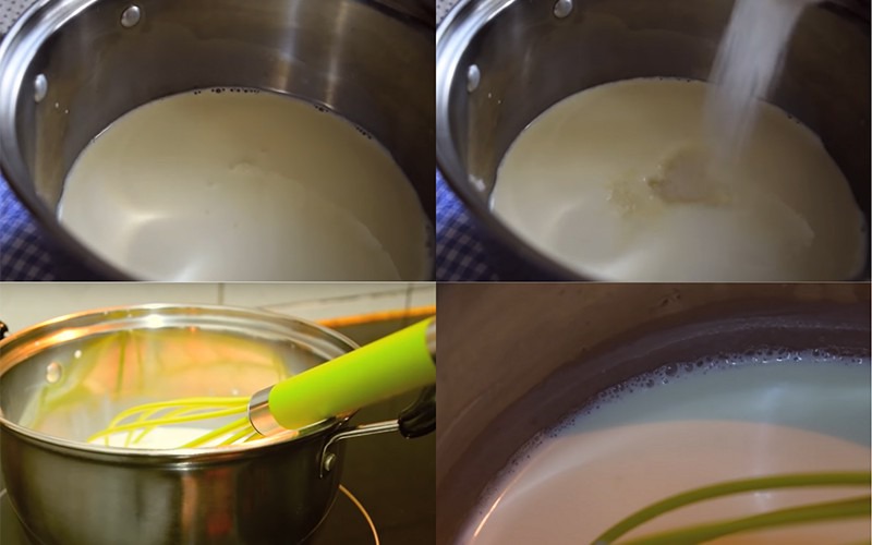 Cho lần lượt sữa, whipping và đường vào nồi, khuấy nhẹ dưới lửa nhỏ